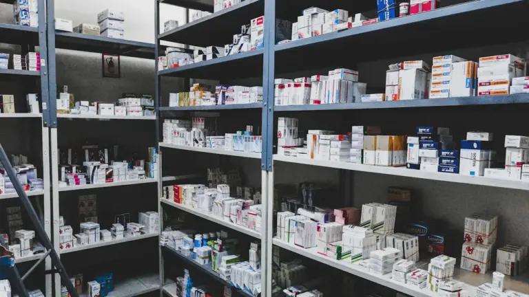 Regale in einer Apotheke gefüllt mit zahlreichen Medikamentenpackungen und medizinischen Präparaten.