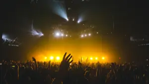 Publikum bei einem Live-Konzert mit erhobenen Händen im warmen Licht.