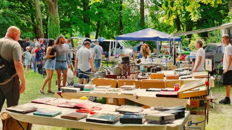 Menschen stöbern an Ständen auf einem Flohmarkt in einem grünen Leipziger Park.