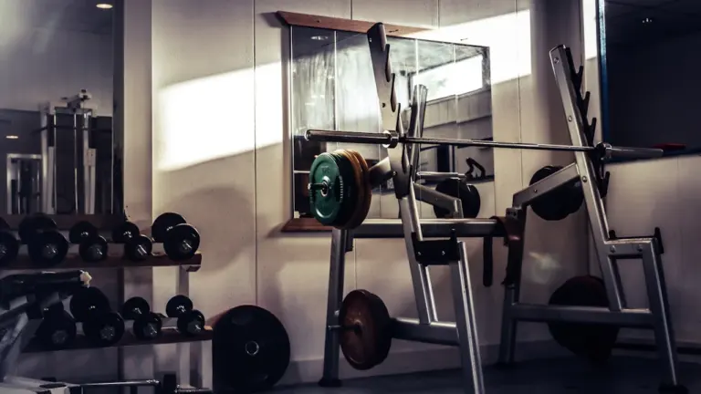 Fitnessstudio mit Langhantelständer, Hanteln und einfallendem Sonnenlicht in einer Trainingsumgebung.