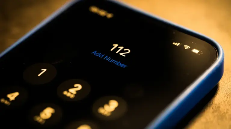 Ein Smartphone mit der Notrufnummer 112 auf dem Display bereit zum Wählen.