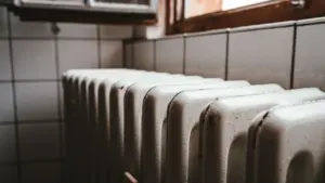 Weißer Heizkörper an einer Wand unter einem braunen Holzfenster in einer deutschen Wohnung.