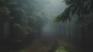 Ein nebliger, geheimnisvoller Pfad, der sich tief in einen dichten Wald schlängelt.