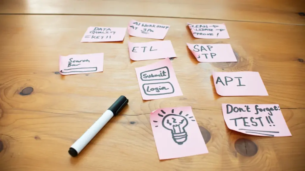 Haftnotizen mit technischem Inhalt auf einem Holztisch zur Planung eines KI-Workshops.