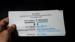 Ein Stimmzettel für eine deutsche Wahl mit Erläuterung zu Erst- und Zweitstimme.