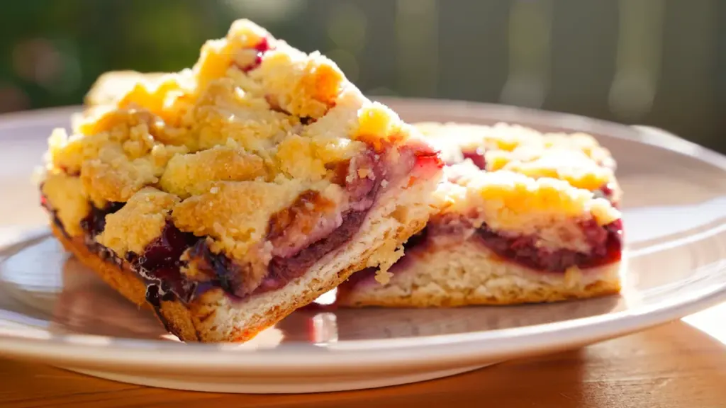 Nahaufnahme von zwei Stücken saftigem Zwetschgenkuchen mit goldbraunen Streuseln auf einem weißen Teller.