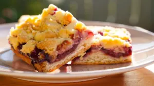 Zwei Stücke saftiger Zwetschgenkuchen mit Streuseln auf einem hellen Teller serviert.