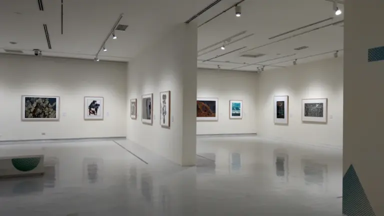 Moderne Kunstgalerie mit an weißen Wänden hängenden Gemälden in gut beleuchtetem Ausstellungsraum.
